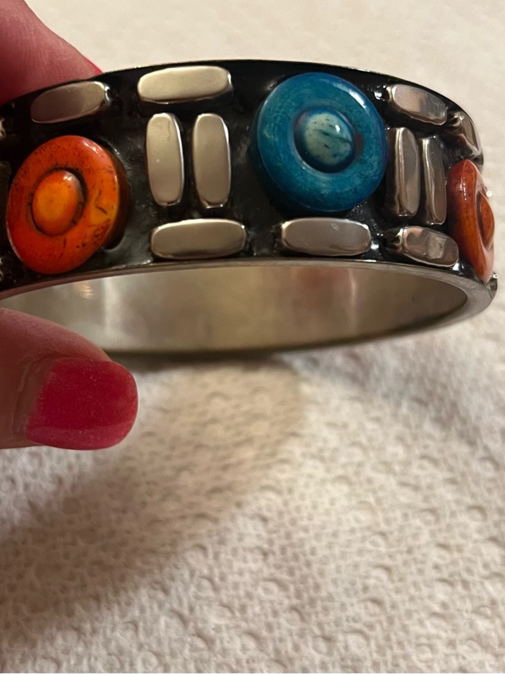 Sterling Silver Colorful Resin Dot Bangle Bracelet r- Orange & Blue Accent
